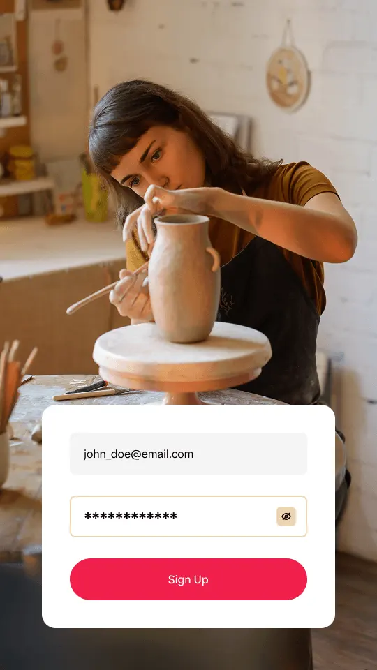 Potter at her wheel with a short sign-up form open on top of the video ad