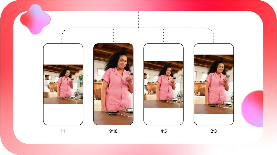 Google illustration of one video cut into four screen sizes, from square to vertical to widescreen