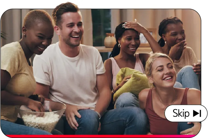 Google illustration of friends on a couch watching a YouTube ad on a TV with a Skip button